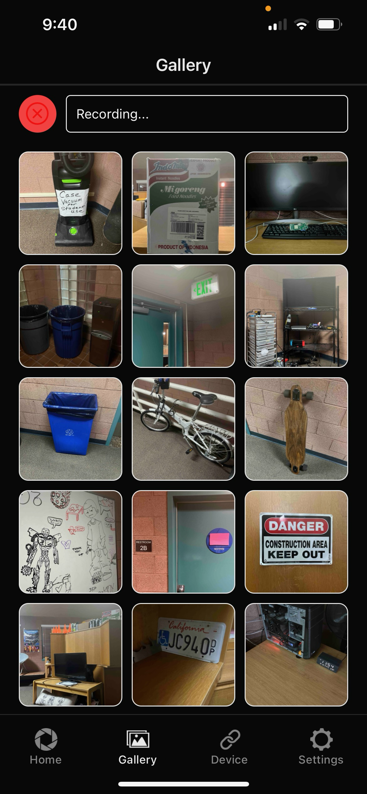 Gallery Interface displaying captured images in a grid layout