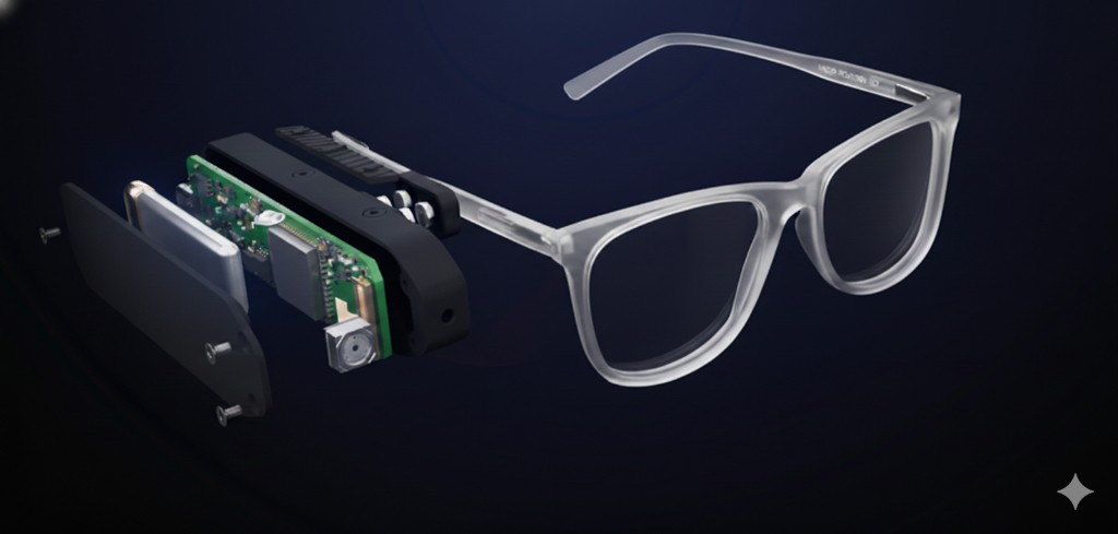 Glance device exploded view alongside glasses