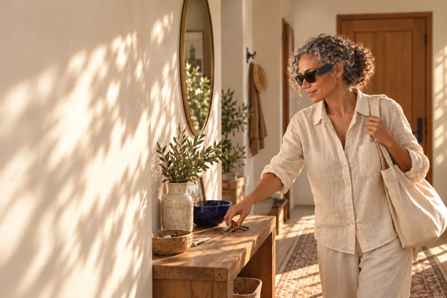 A woman carrying a shoulder bag reaches for keys on a console table, with the Glance wearable attached to her glasses.
